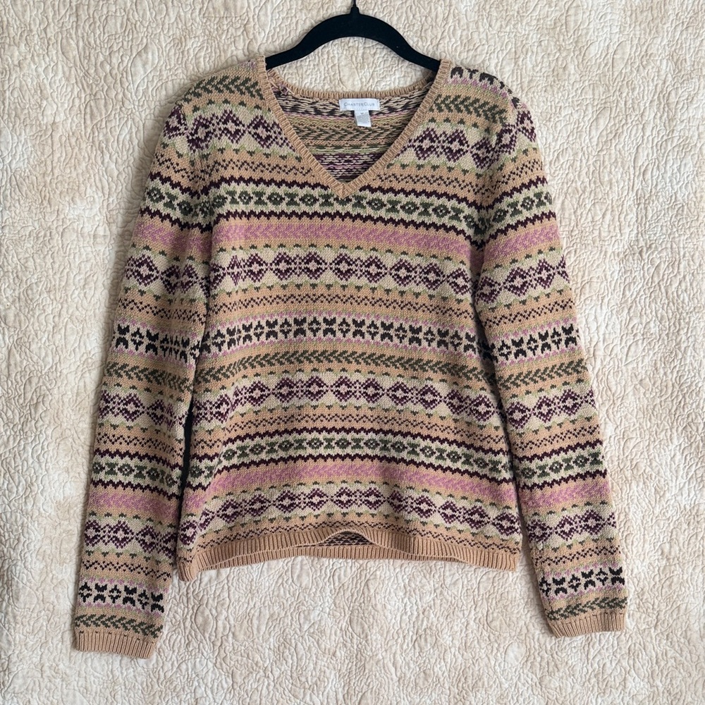 Charter Club V-Neck Fair Isle Sweater in Tan, Pink & Olive Green